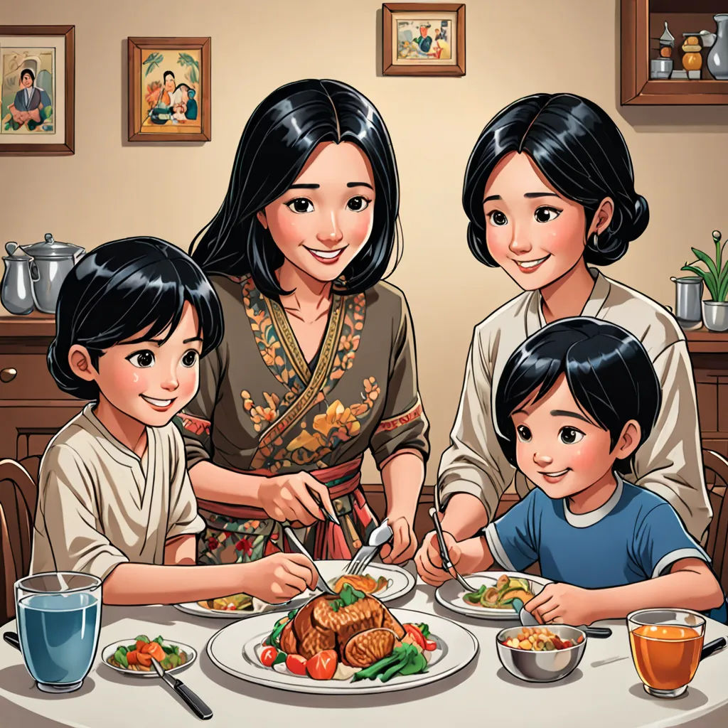 a family is eating dinner at a table together, with a woman and two children sitting at the table, lyco art, a storybook illustration, Byeon Sang-byeok, comic cover art