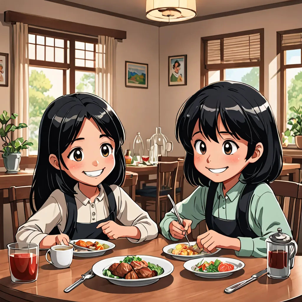two children sitting at a table eating food together, with a window in the background and a potted plant in the foreground, socialist realism, a storybook illustration, Anne Said, official art