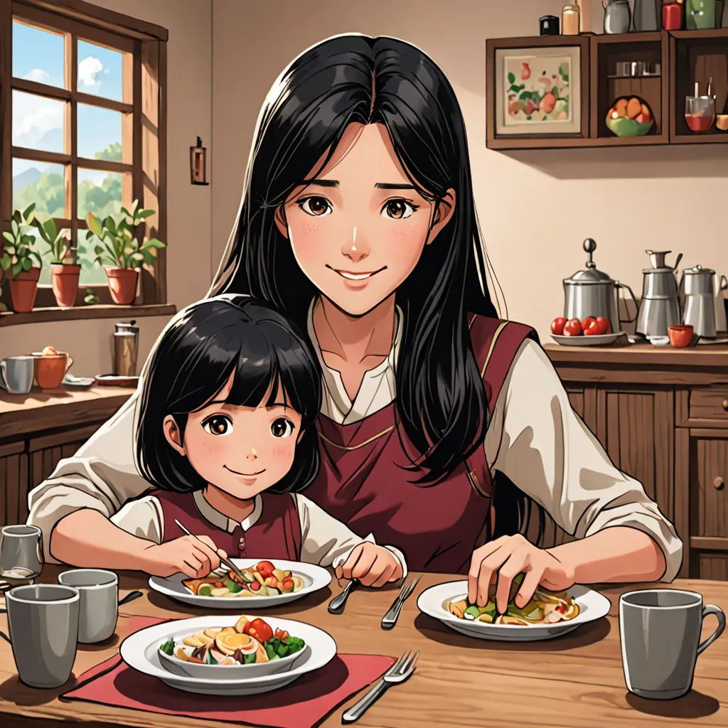 a woman and a child are sitting at a table eating food together, with a window in the background, lyco art, a storybook illustration, Byeon Sang-byeok, comic cover art