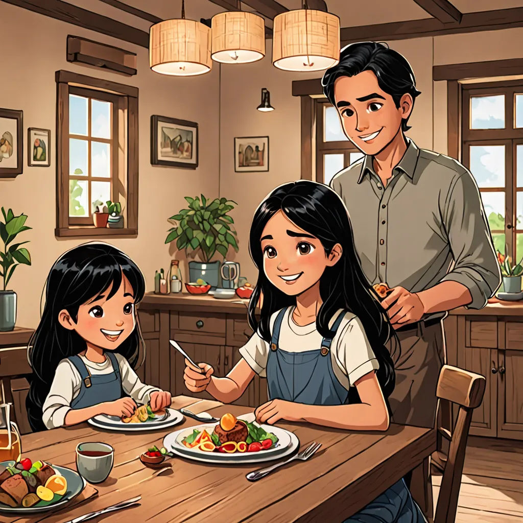 a man and two children sitting at a table eating food together with a woman standing next to them and a man standing behind them, lyco art, a storybook illustration, Byeon Sang-byeok, official art