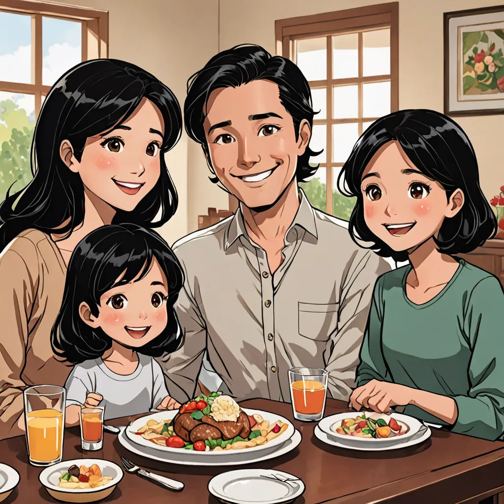 a family sitting at a table with plates of food and drinks in front of them, smiling at the camera, lyco art, a storybook illustration, David Park, official art