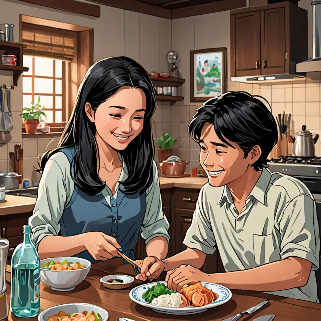 a man and woman sitting at a table eating food together, with a child standing next to them, and a man standing next to the table, lyco art, a stock photo, Byeon Sang-byeok, official art