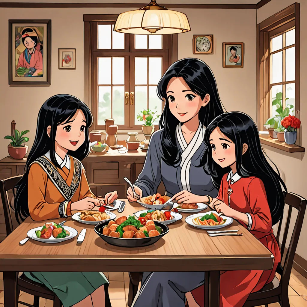 a family sitting at a table eating a meal together, with a woman standing next to them and a child sitting at the table, serial art, a storybook illustration, Byeon Sang-byeok, comic cover art