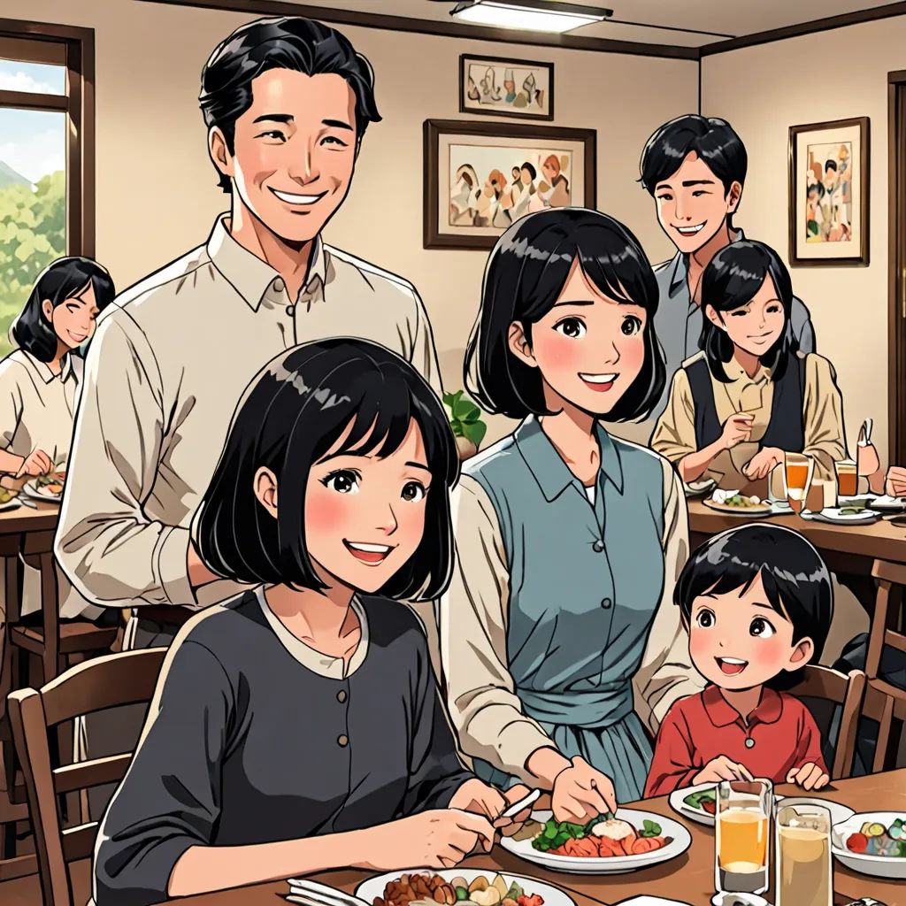a family sitting at a table with plates of food in front of them and a man standing behind them, private press, a comic book panel, Aya Goda, official art