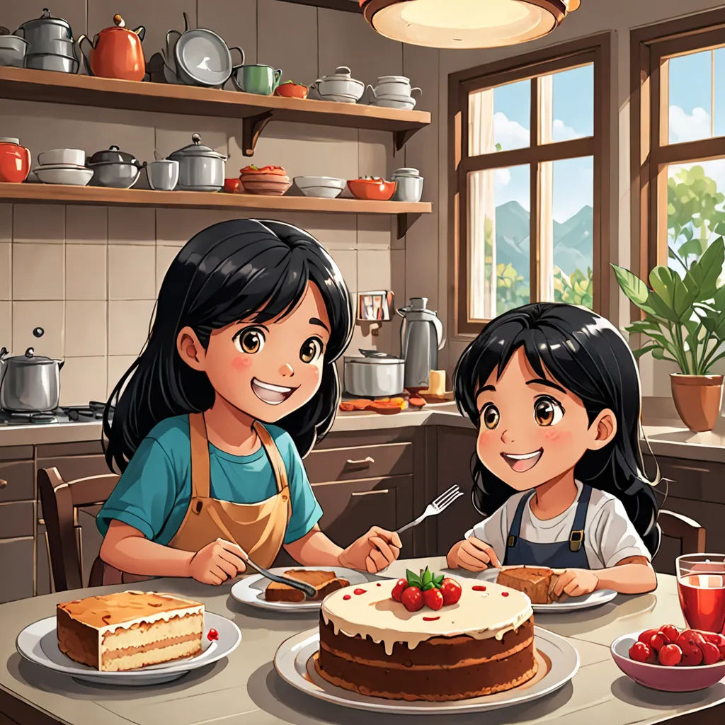 a couple of kids sitting at a table with a cake in front of them and a plate of cake, lyco art, a storybook illustration, Cliff Childs, storybook illustration