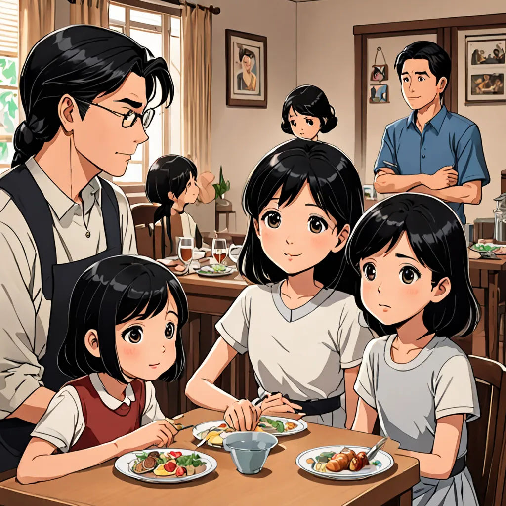 a family sitting at a table eating a meal together in a restaurant with a man standing behind them and a woman standing behind them, american scene painting, a comic book panel, Aya Goda, official art