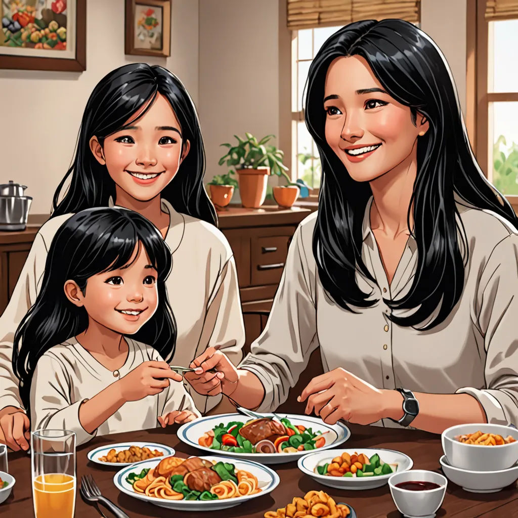 a family is eating dinner together at the table with a child in front of them and a woman holding a fork, lyco art, a storybook illustration, Chen Lin, high detail illustration