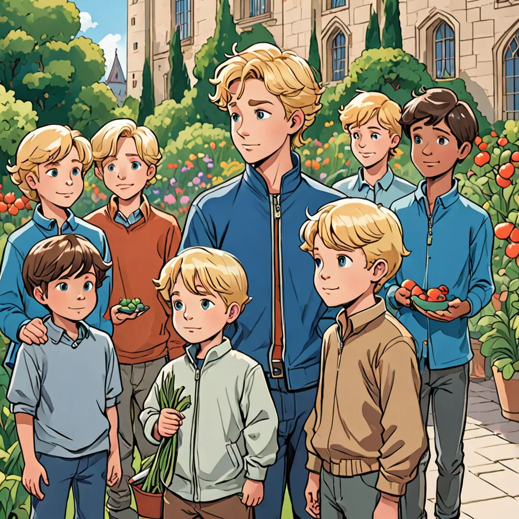 a group of people standing next to each other in front of a building with flowers and trees on it, Brothers Hildebrandt, paris school, a storybook illustration, official art