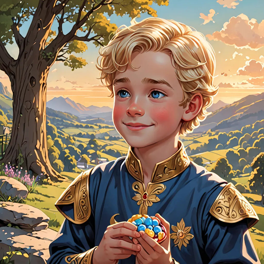 a painting of a young boy in a blue outfit holding a blue ball in his hands and a tree in the background, Brothers Hildebrandt, fantasy art, a storybook illustration, kinkade
