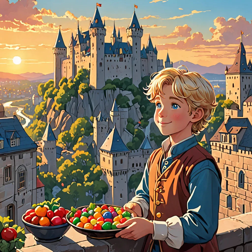 a boy holding a plate of fruit in front of a castle with a sunset in the background and a castle in the background, Brothers Hildebrandt, fantasy art, a storybook illustration, rossdraws global illumination