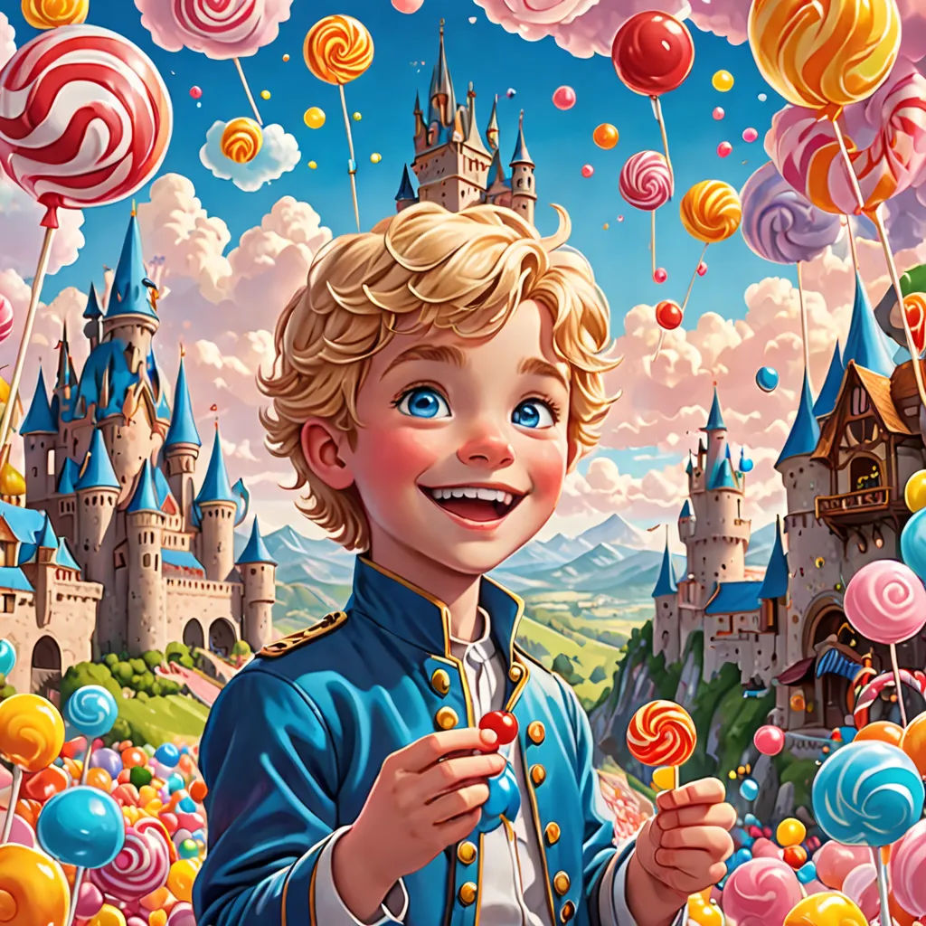 a boy in a blue jacket holding a lollipop in front of a castle with a lot of lollipops, Chris LaBrooy, fantasy art, a storybook illustration, highly detailed digital painting