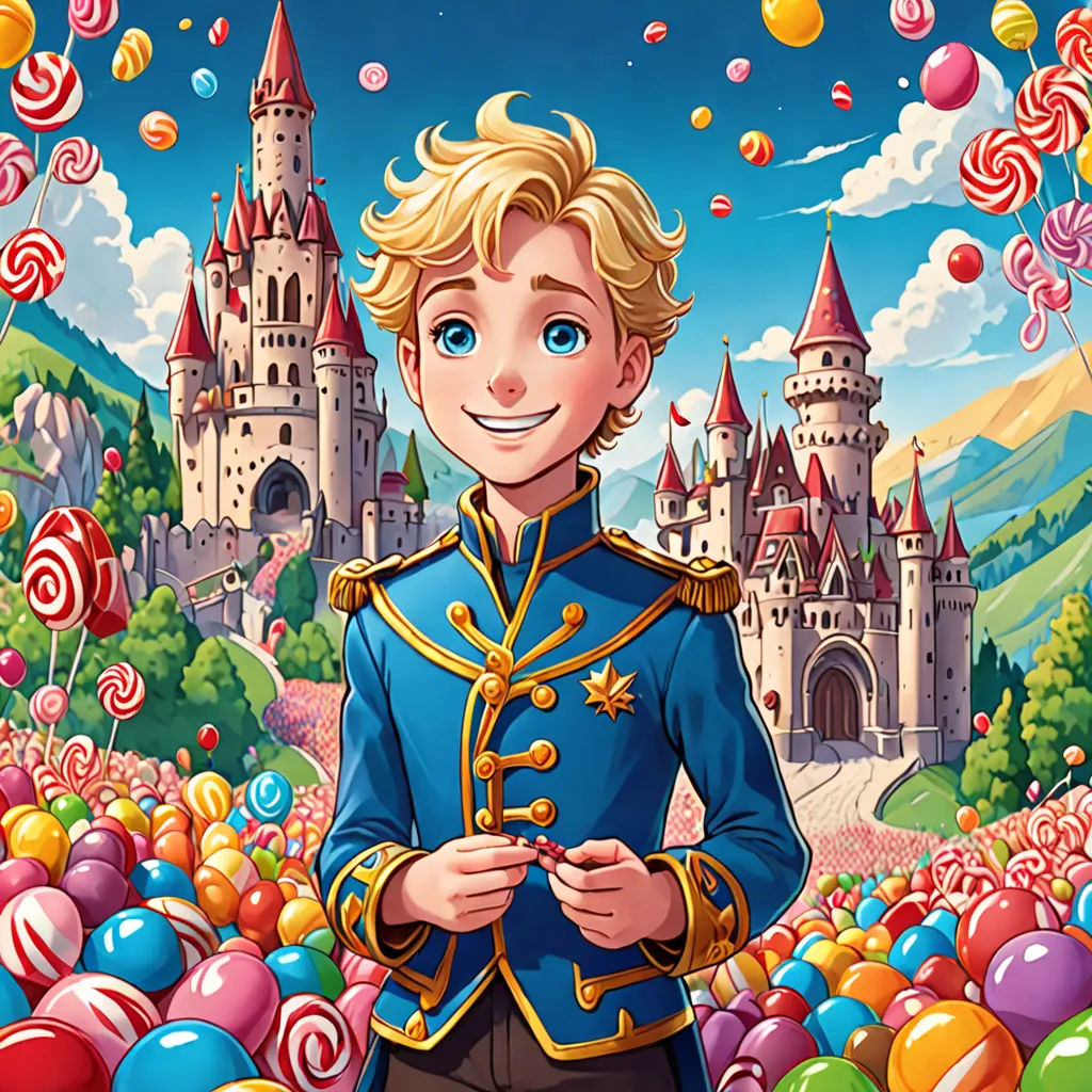 a cartoon boy in a blue uniform standing in front of a castle with balloons and candy canes in front of him, Chris LaBrooy, fantasy art, a character portrait, rossdraws global illumination