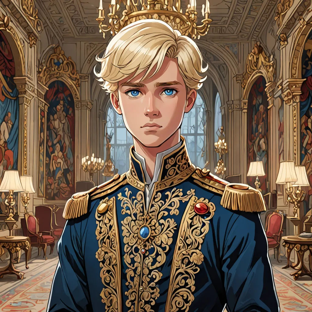 a man in a blue suit standing in a room with chandeliers and a chandelier hanging from the ceiling, Charlie Bowater, sots art, a character portrait, rossdraws global illumination