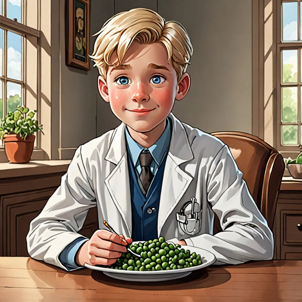 a boy in a lab coat is eating peas on a plate with a fork and knife in his hand, Aaron Jasinski, remodernism, a character portrait, official art