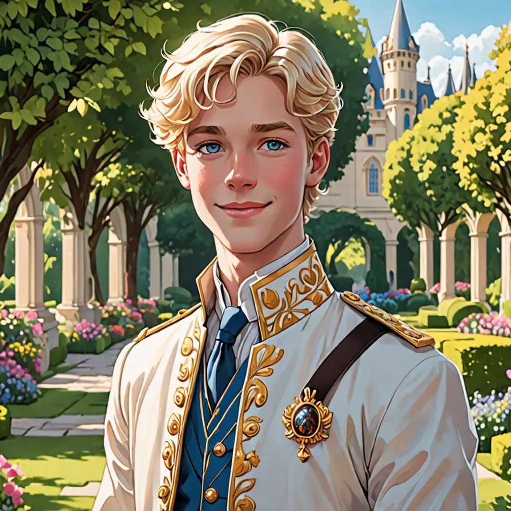 a painting of a boy in a white coat and blue tie in a garden with a castle in the background, Edwin Georgi, sots art, a character portrait, rossdraws global illumination