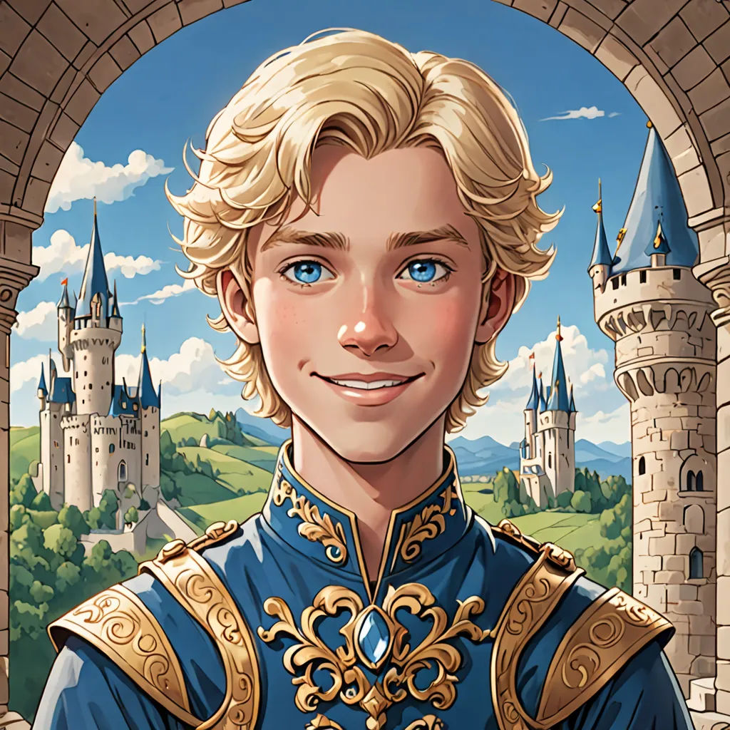 a cartoon of a man in a blue suit with a castle in the background and a blue sky in the background, Cliff Childs, fantasy art, a character portrait, rossdraws global illumination