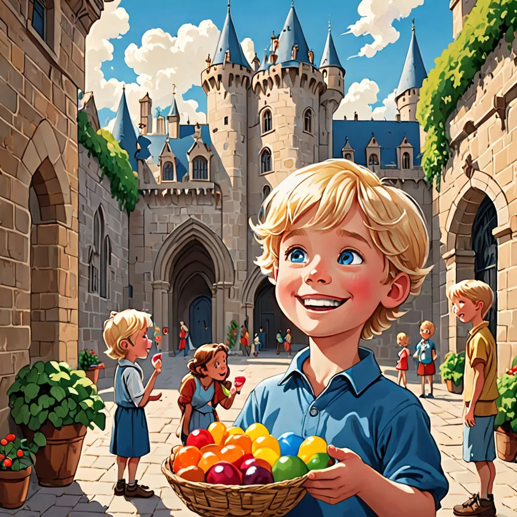 a boy holding a basket of fruit in front of a castle with kids around him and a dog on the ground, Brothers Hildebrandt, fantasy art, a storybook illustration, storybook illustration
