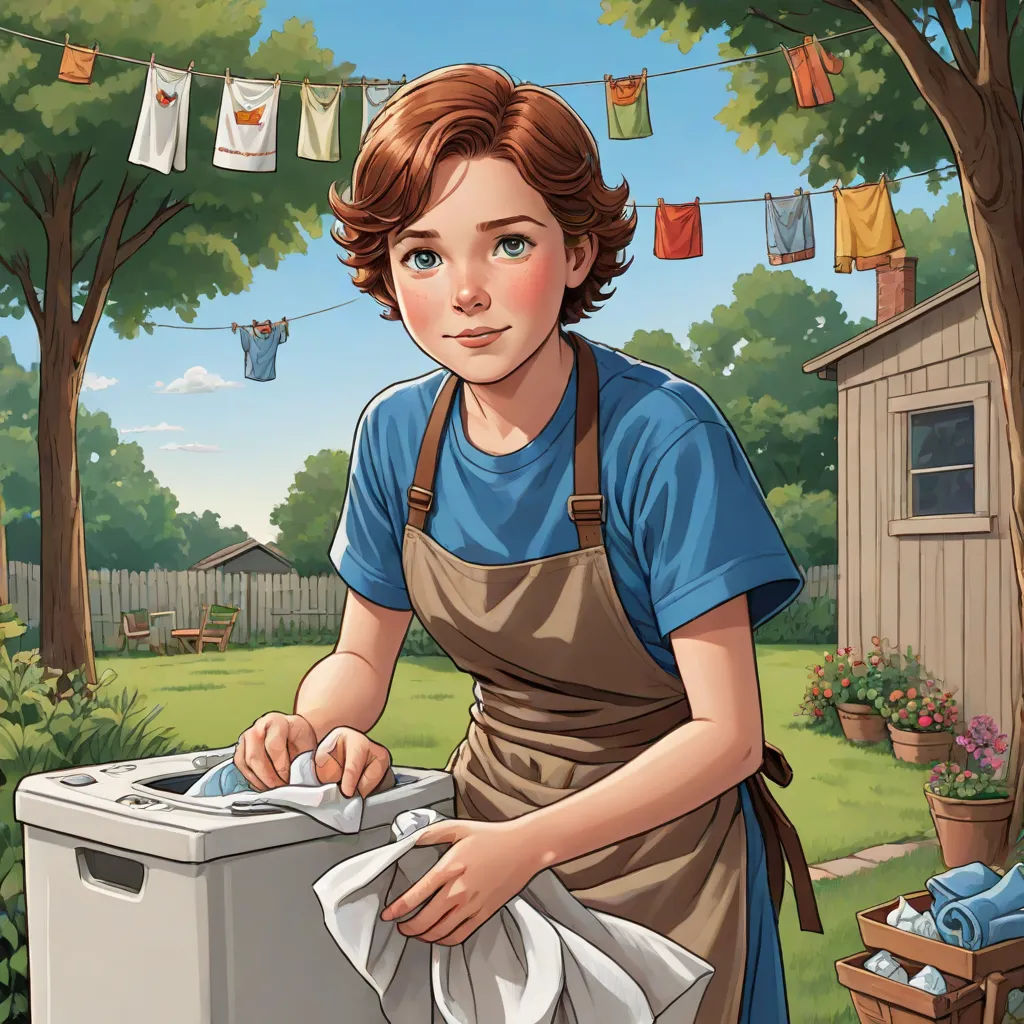 a woman in an apron is washing clothes in a washing machine in a yard with a clothes line hanging above her, american scene painting, a storybook illustration, Bob Byerley, kinkade