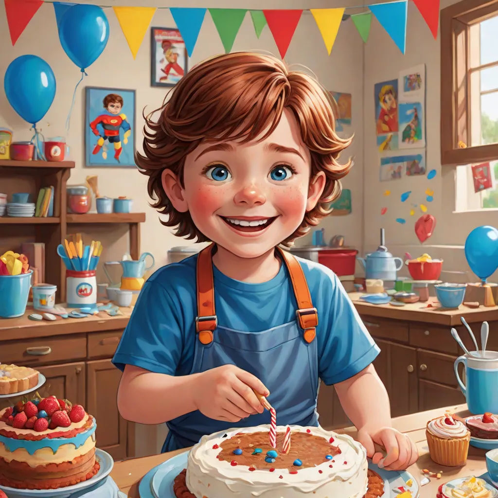 a boy is smiling while he is cutting a cake with a knife and fork in front of him and a birthday cake with a candle on the table, photorealism, a storybook illustration, Aaron Jasinski, highly detailed digital painting
