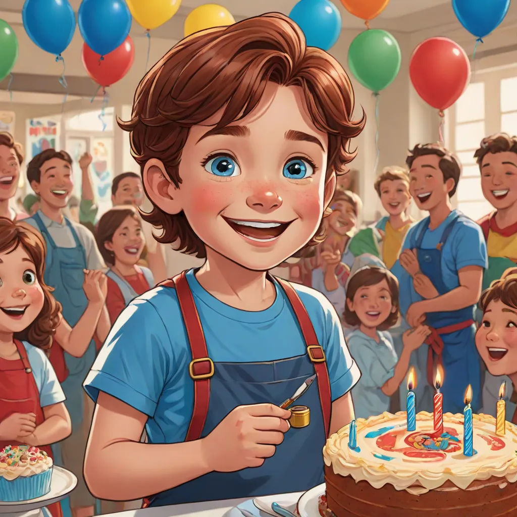 a boy is smiling while holding a fork in front of a birthday cake with candles on it and a group of children are in the background, american scene painting, a storybook illustration, Aaron Jasinski, official art