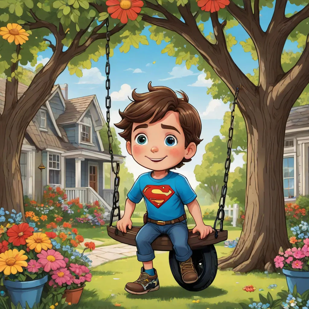 a boy on a swing in a flower garden with a house in the background illustration by alex krawc, sots art, a storybook illustration, Cliff Childs, storybook illustration