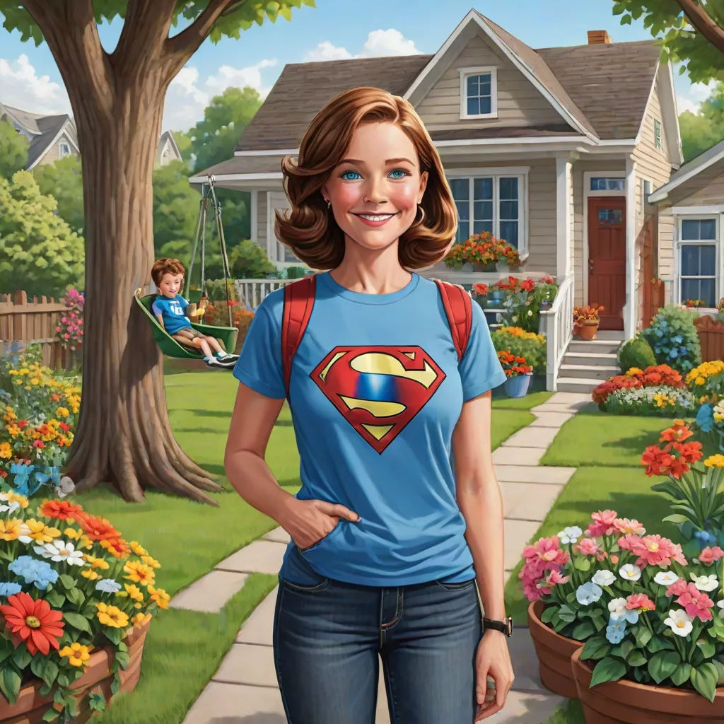 a woman in a blue shirt is standing in front of a house with a superman t - shirt on, fantastic realism, a storybook illustration, F Scott Hess, promotional image