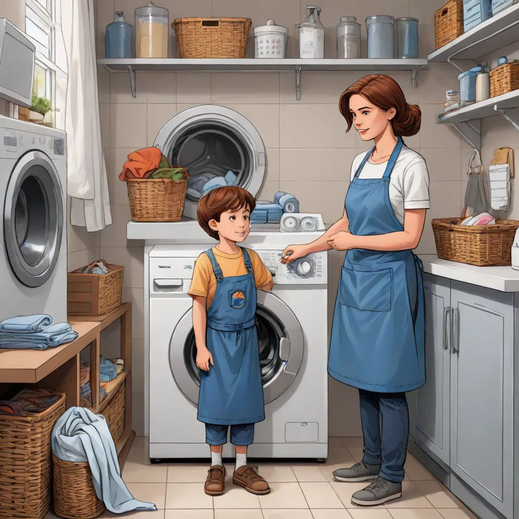 a woman and a boy are in a kitchen with a washing machine and a washing basket on the floor, american scene painting, a storybook illustration, F Scott Hess, storybook illustration