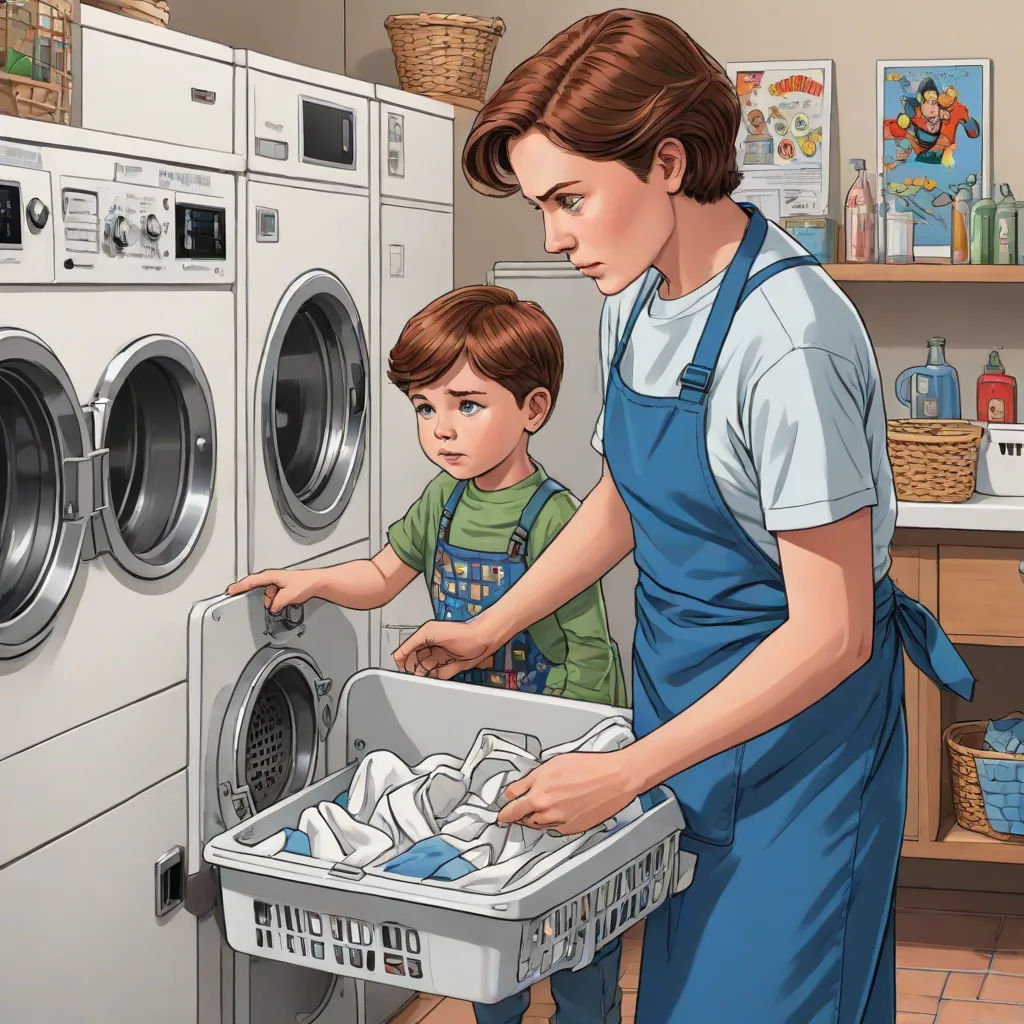 a woman and a boy are doing laundry in a washer and dryer machine in a kitchen with a shelf of washers and dryers, photorealism, a comic book panel, F Scott Hess, storybook illustration