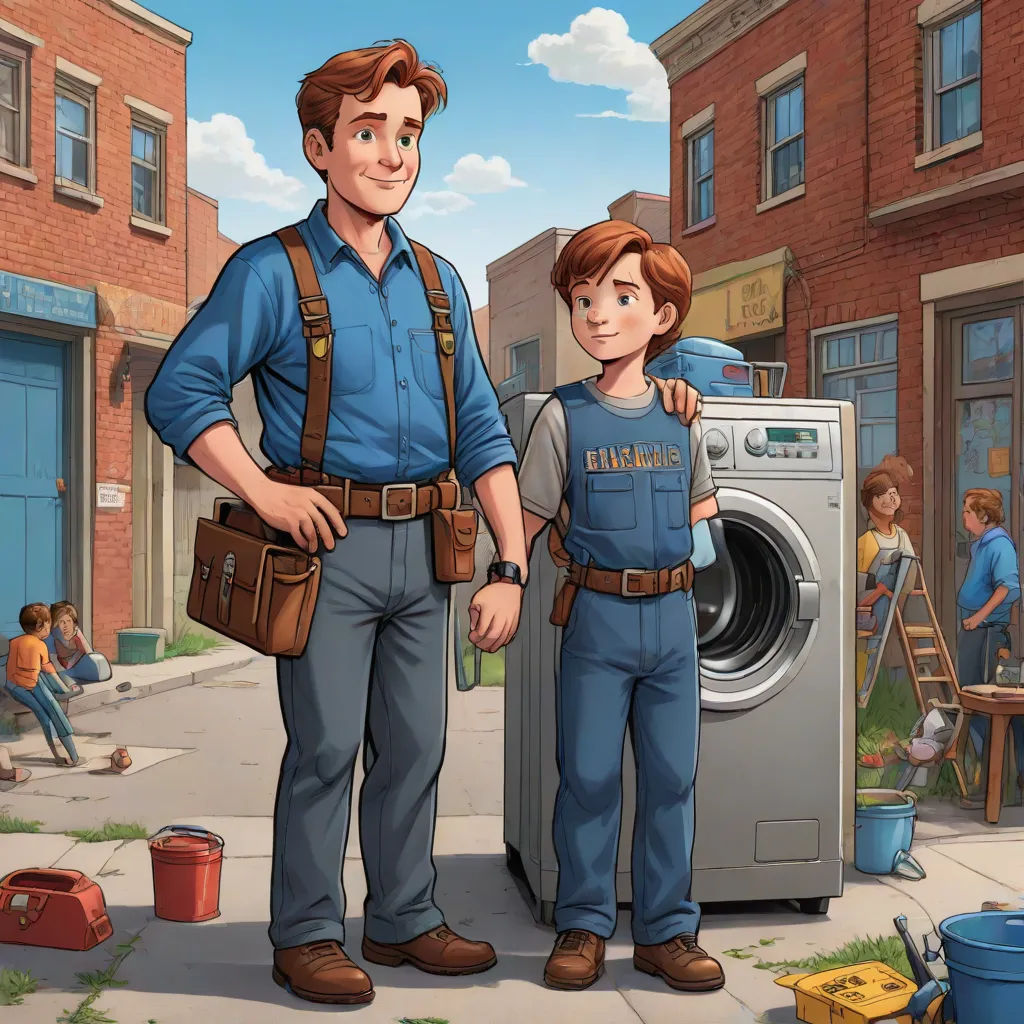 a man and a boy standing in front of a washing machine in a cartoon style, with a man in overalls and a blue shirt, american scene painting, a storybook illustration, Brothers Hildebrandt, kinkade
