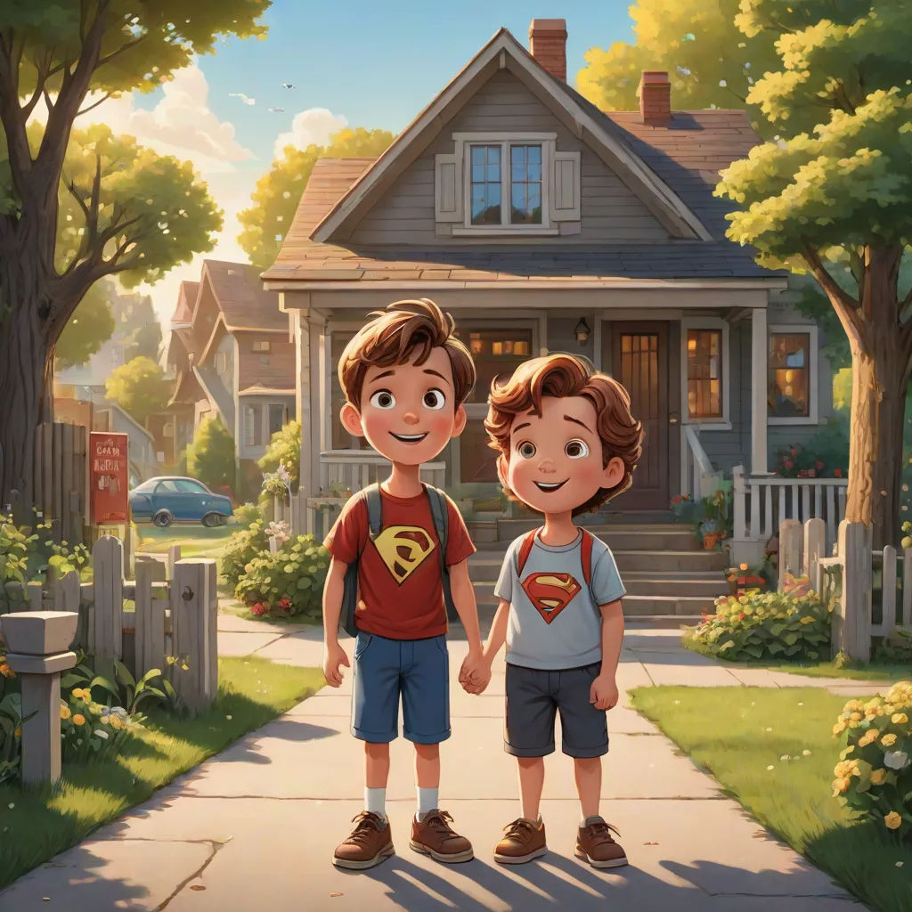 two young boys standing in front of a house holding hands and smiling at the camera, with a house in the background, american scene painting, a storybook illustration, Brothers Hildebrandt, rossdraws global illumination