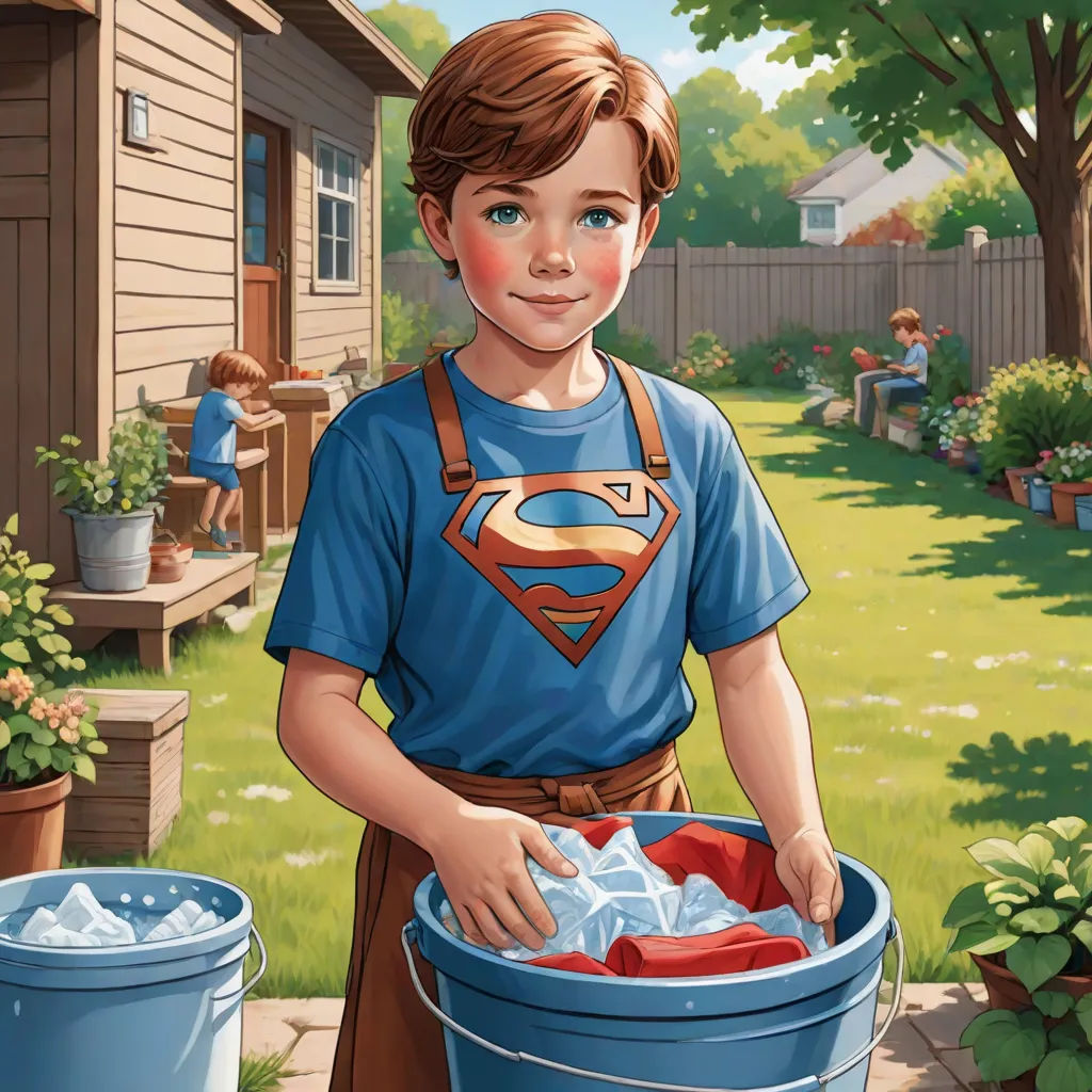 a boy is holding a blue bucket with a superman shirt on and a red shirt on and a blue bucket with a red shirt on, american scene painting, a storybook illustration, Barron Storey, comic cover art