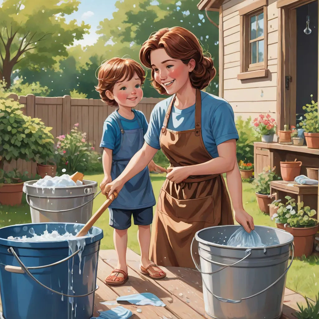 a woman and a boy are washing the yard together with buckets of water and a shovel in front of them, american scene painting, a storybook illustration, F Scott Hess, storybook illustration