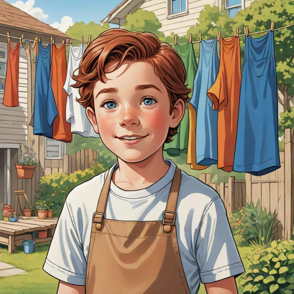 a boy in a brown apron standing in front of a house with clothes hanging on a line above him, american scene painting, a storybook illustration, Bob Byerley, ultra realistic illustration