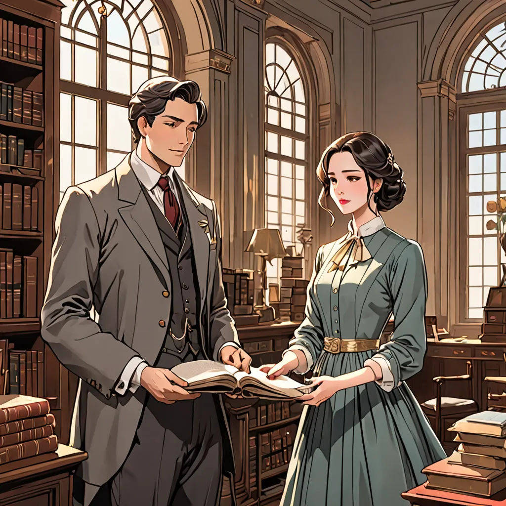 a man and a woman standing in a library with books on the table and a bookcase full of books, private press, a storybook illustration, Chen Chun, official art
