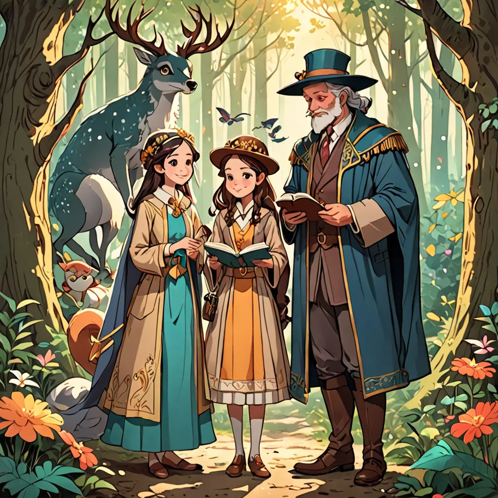 a man and a woman standing in a forest with animals and trees behind them, while a man reads a book, fantasy art, a storybook illustration, Charles Bird King, official art