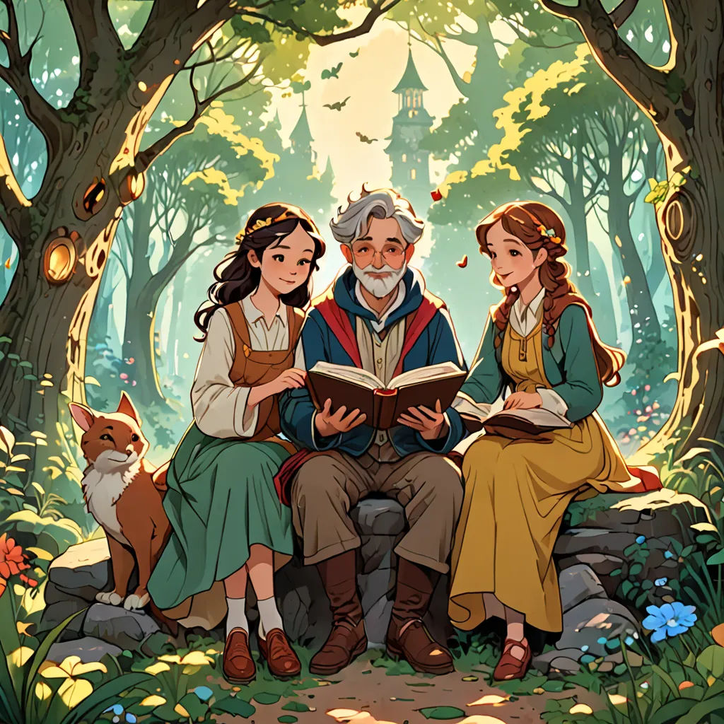 a man and two women sitting on a bench reading a book in a forest with a fox and a fox, fantasy art, a storybook illustration, Cliff Childs, official art