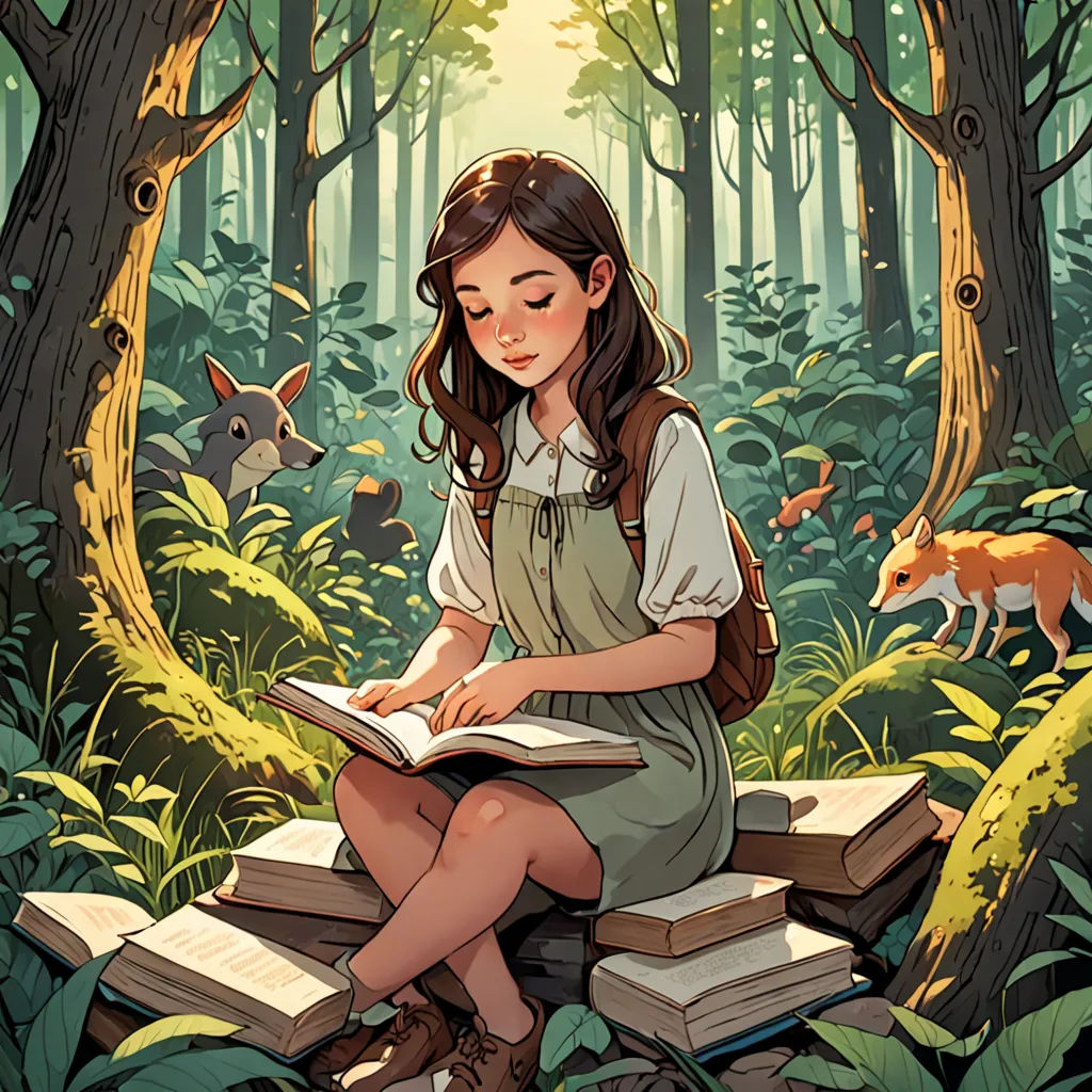 a girl sitting on a pile of books in the woods reading a book with a fox in the background, fantasy art, a storybook illustration, Cyril Rolando, rossdraws global illumination