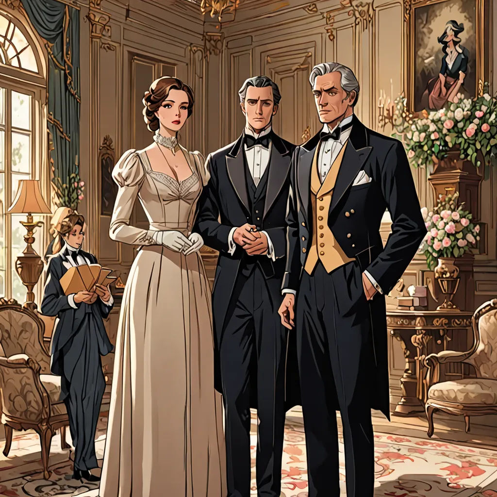 a man and woman in formal dress standing in a room with a man in a suit and tie and a woman in a dress, private press, a comic book panel, Elizabeth Forbes, official art