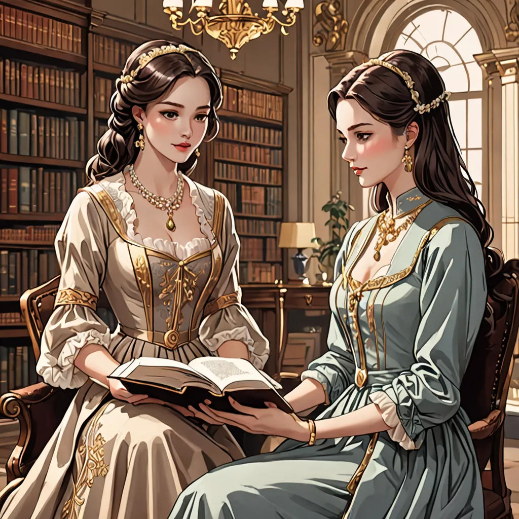 a painting of two women in renaissance dress reading a book together in a library with a chandelier, fantasy art, a storybook illustration, Edgar Ainsworth, storybook illustration