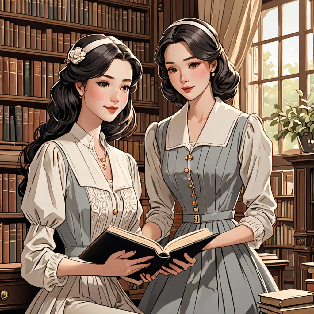 two women in dresses are reading a book in a library together, with a window behind them and a bookcase behind them, fantasy art, a storybook illustration, Choi Buk, rossdraws global illumination