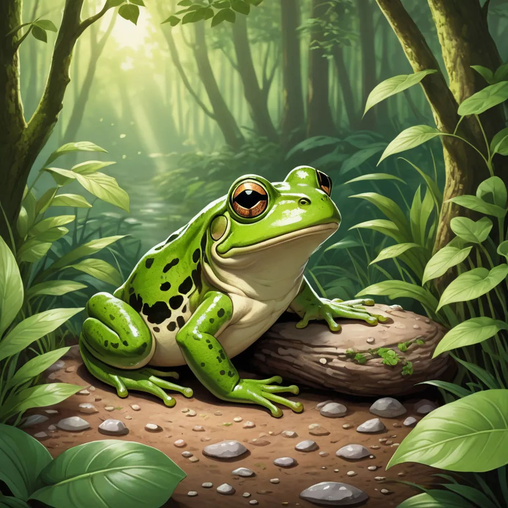 a frog sitting on a rock in a forest with green leaves and rocks on the ground, with a bright light shining through the trees, fantasy art, a digital painting, Andries Stock, magic the gathering artwork