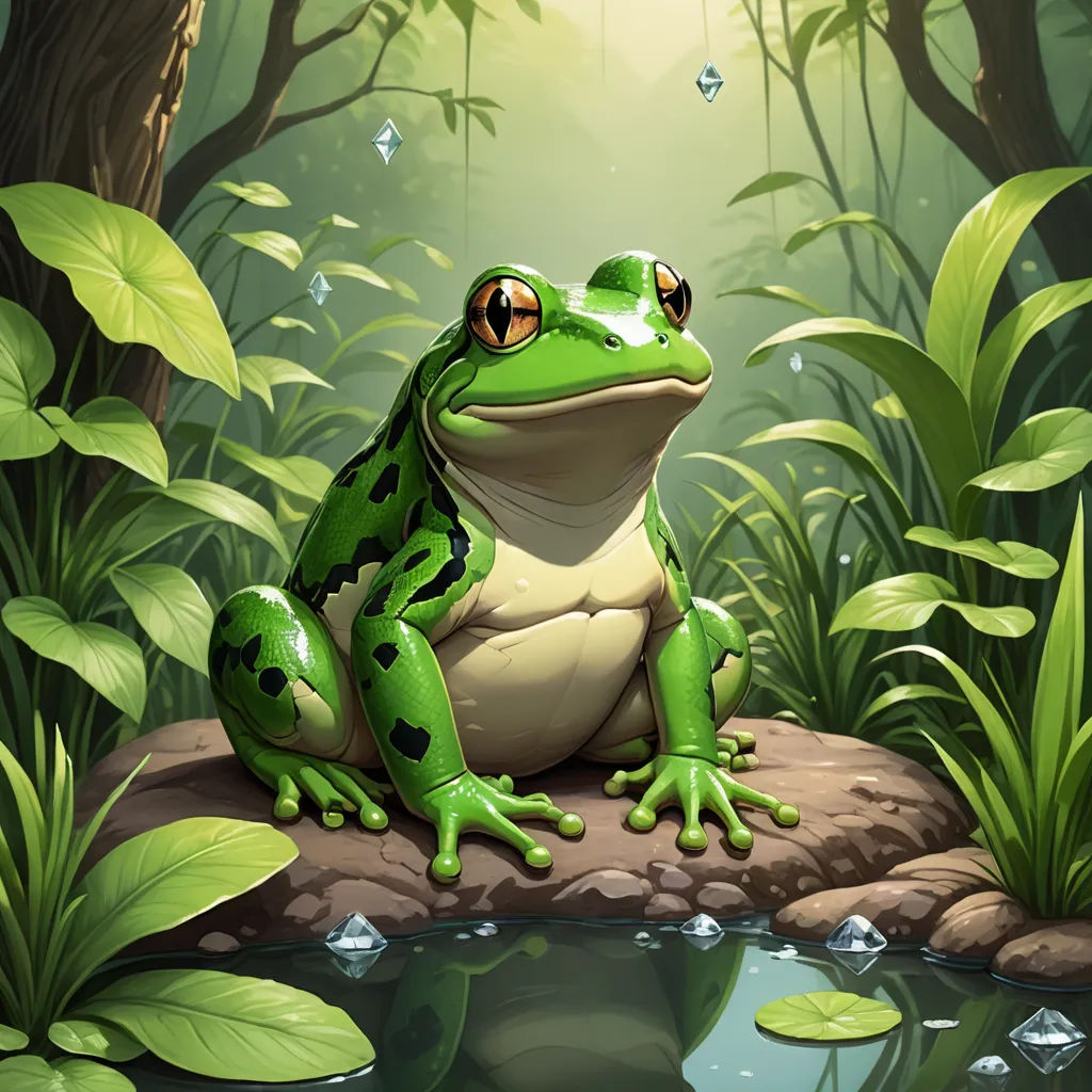 a frog sitting on a rock in a forest with a pond of water and plants around it, with a butterfly flying overhead, fantasy art, a character portrait, Andries Stock, magic the gathering artwork