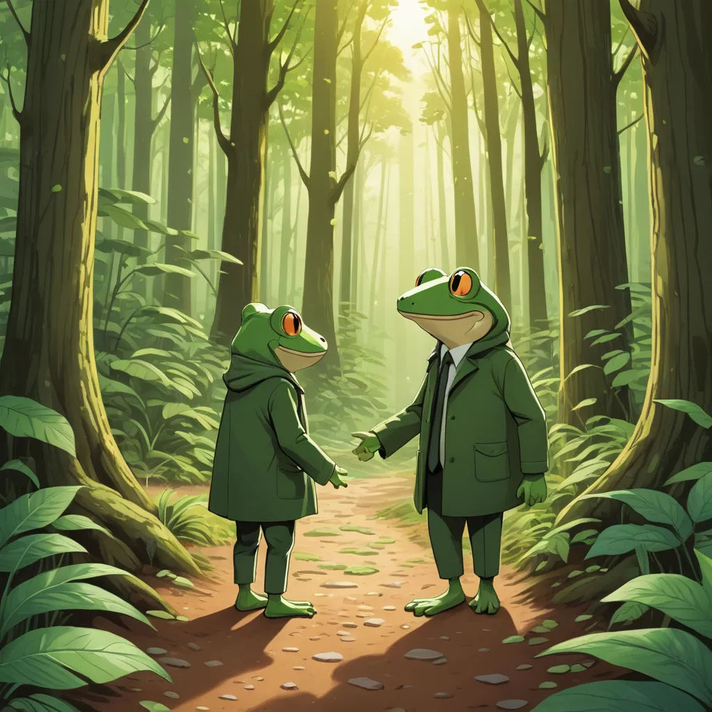 two frogs in a forest holding hands and shaking hands with each other, with the sun shining through the trees, serial art, a storybook illustration, Andries Both, official art