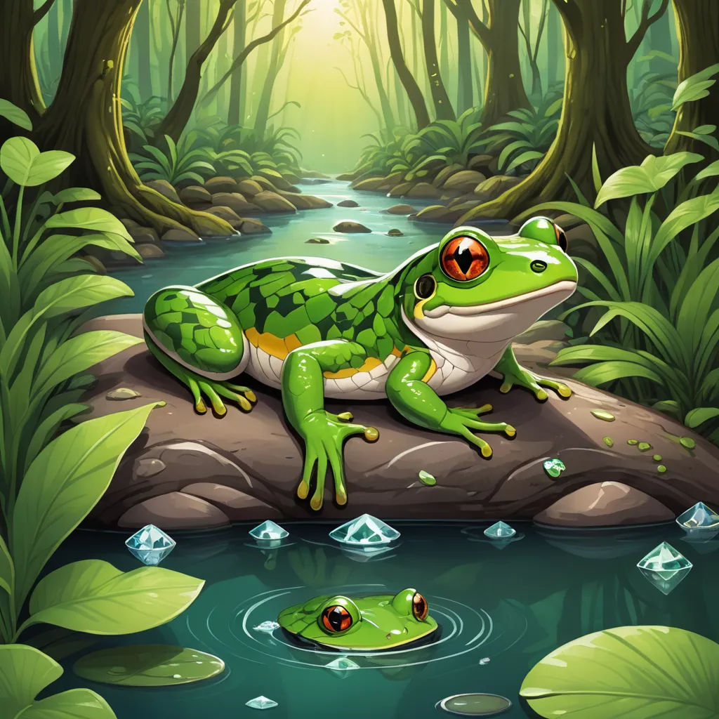a frog sitting on a rock in the middle of a forest with a stream of water and lily pads, fantasy art, a storybook illustration, Andries Stock, storybook illustration