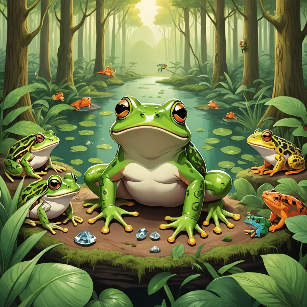 a frog sitting on a log in a forest with other frogs around it and a stream running through the woods, fantasy art, a storybook illustration, Chris LaBrooy, highly detailed digital painting