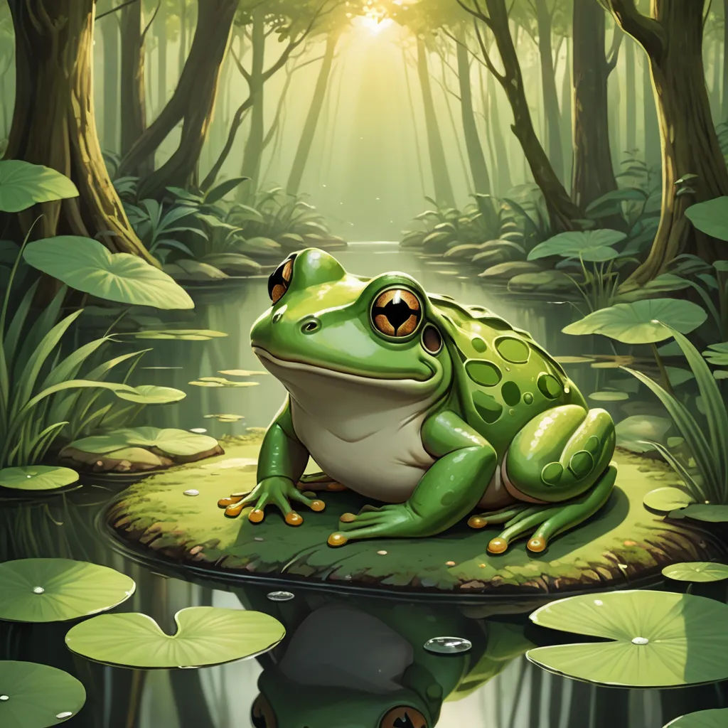 a frog sitting on a lily pad in a forest with lily pads and a sunbeam in the background, fantasy art, a storybook illustration, Andries Stock, magic the gathering artwork