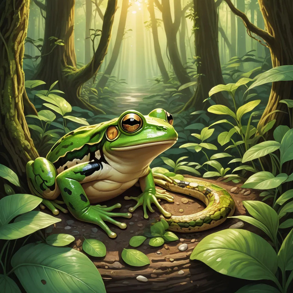 a frog sitting on a rock in a forest with sunlight coming through the trees and leaves on the ground, fantasy art, a storybook illustration, Andries Stock, magic the gathering artwork