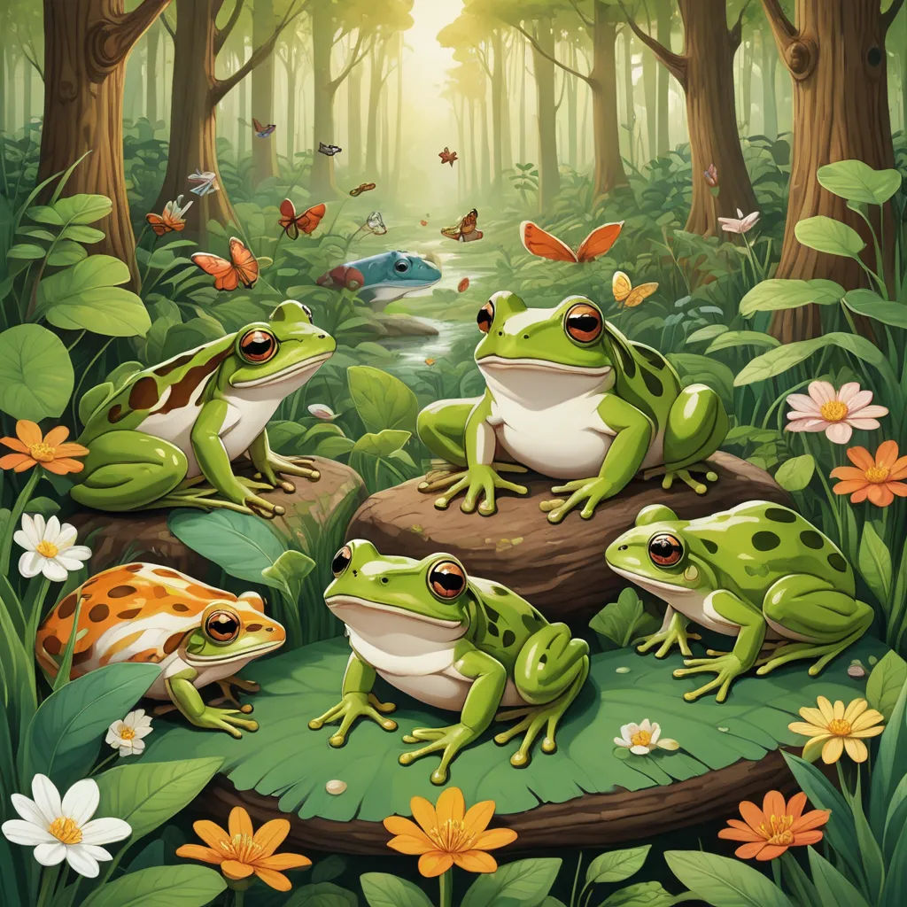a group of frogs sitting on a log in a forest with butterflies and flowers around them, with a pond in the middle, fantasy art, a storybook illustration, Chris LaBrooy, highly detailed digital painting