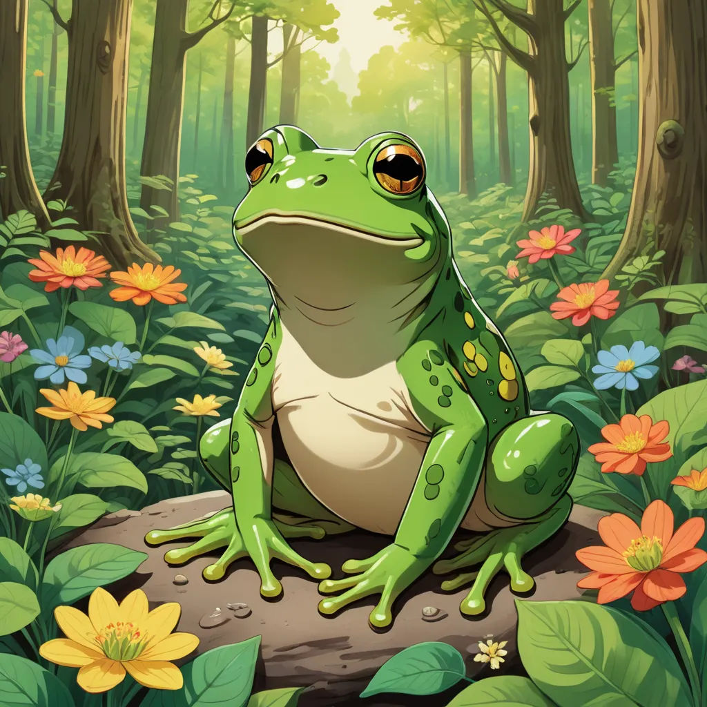 a frog sitting on a rock in a forest with flowers and trees around it, looking at the camera, fantasy art, a character portrait, Andries Stock, official art