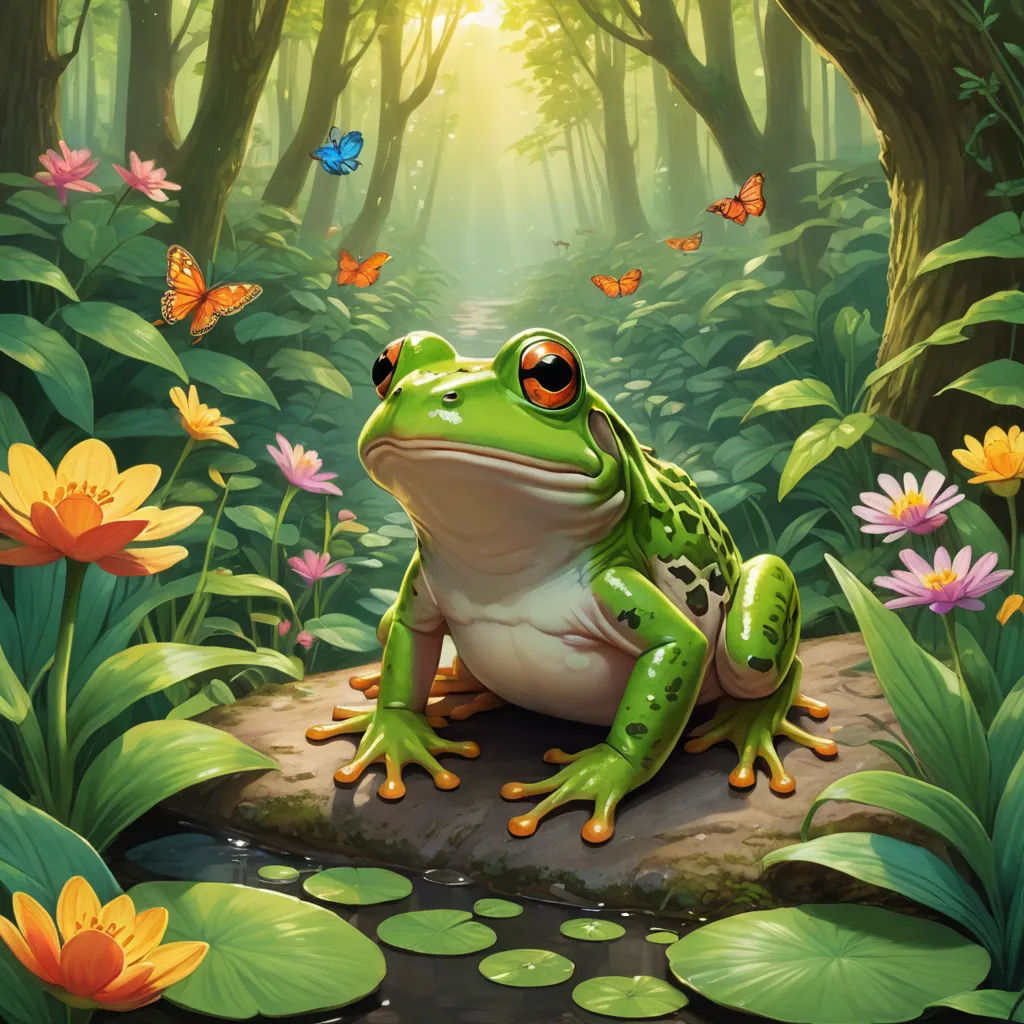 a frog sitting on a rock in a forest with flowers and butterflies around it, with a bright light coming from behind it, fantasy art, a digital painting, Chris LaBrooy, magic the gathering artwork